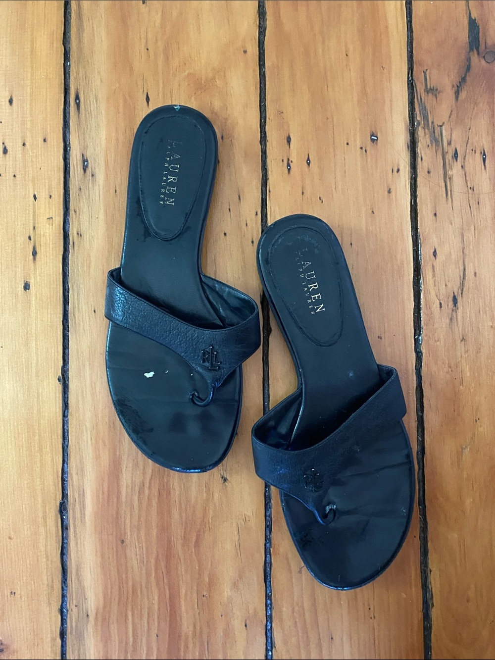 Lauren Ralph Lauren Black Leather Thong Slide Sandals
